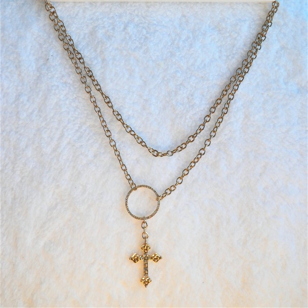 Forever 21 Cross Layered Necklace Rhinestones